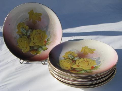 Dresden china antique vintage hand-painted porcelain plates, yellow roses