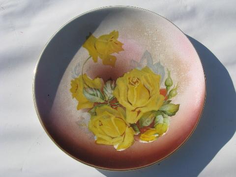 Dresden china antique vintage hand-painted porcelain plates, yellow roses