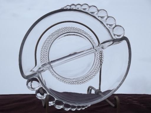 Duncan & Miller teardrop glass relish dish, bead edge divided bowl