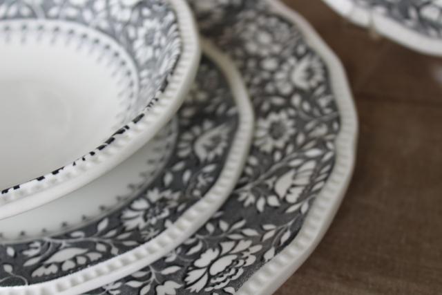 Dundee grey, black transferware floral border vintage Staffordshire china set for two