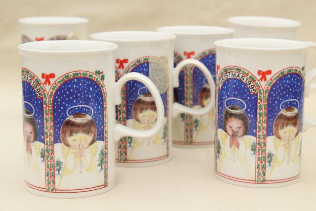 Dunoon - Scotland, Scottish ceramic Christmas mugs w/ angel girls, 1990s vintage