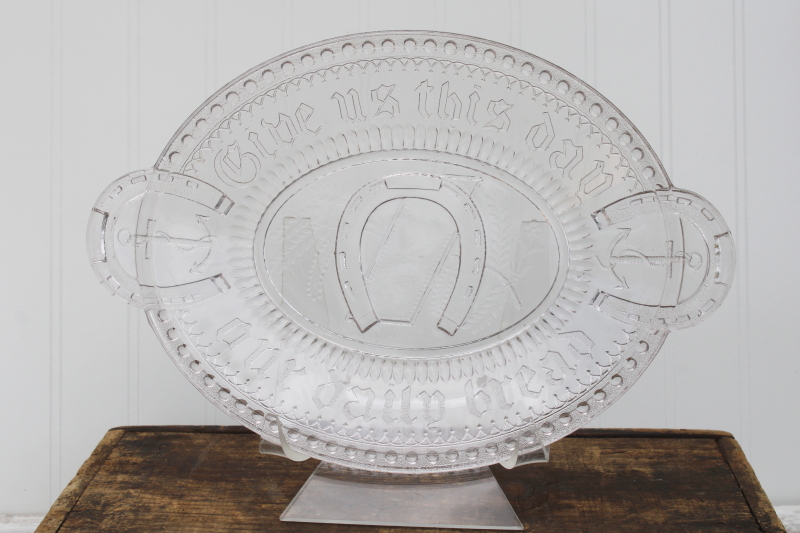 EAPG Give Us This Day Our Daily Bread motto antique pressed glass tray plate, anchor horseshoe