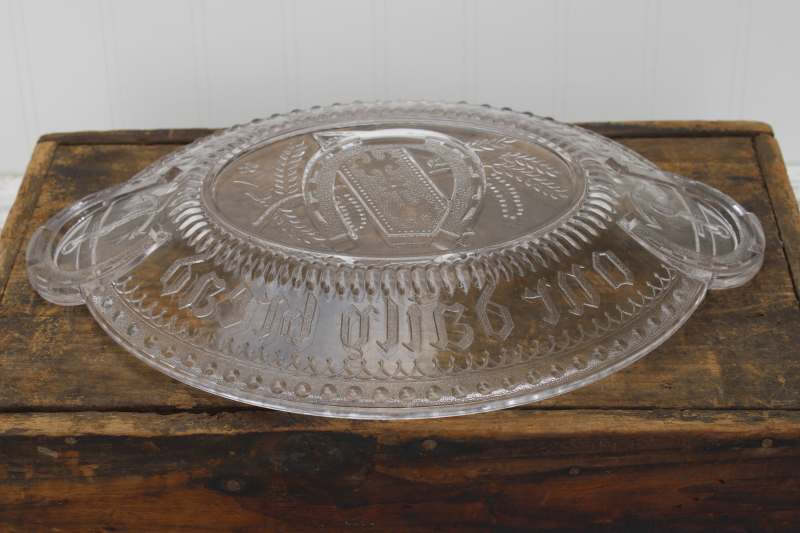 EAPG Give Us This Day Our Daily Bread motto antique pressed glass tray plate, anchor horseshoe