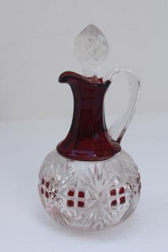 EAPG McKee Majestic antique pressed glass cruet, ruby stain glass pitcher w/ stopper
