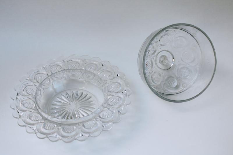 EAPG Victorian era antique round glass butter dish w/ dome, crescent diamond point discs