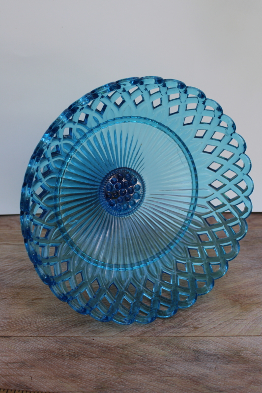 EAPG antique blue glass compote open work lace edge bowl basketweave pattern pressed glass