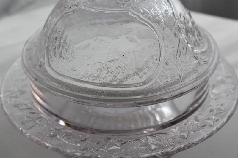 EAPG antique glass butter dish w/ dome cover, Canadian pattern scenic views of Canada
