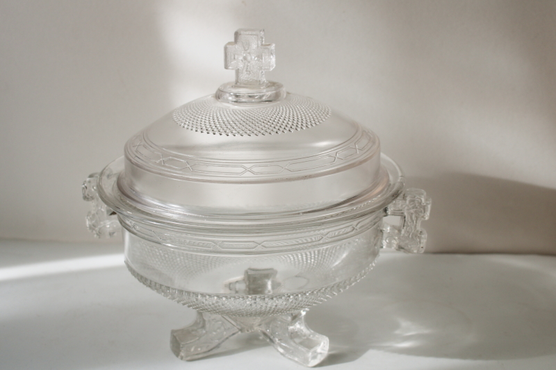 EAPG antique glass covered dish compote bowl, Queen Anne pattern pressed glass