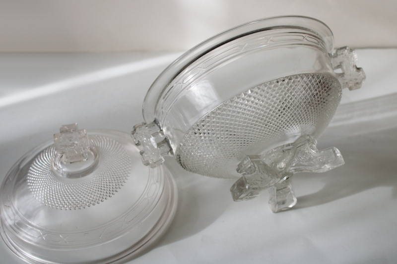 EAPG antique glass covered dish compote bowl, Queen Anne pattern pressed glass