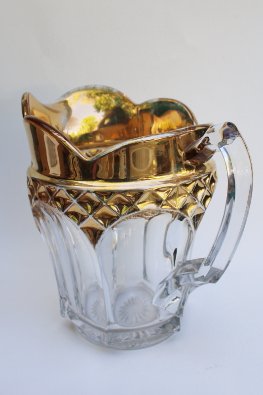 EAPG antique glass pitcher, gold decorated New Martinsville pattern 718 diamond  panel