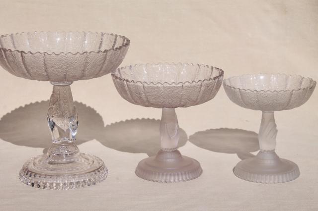 EAPG antique lady's hand tree of life pattern glass compotes, graduated sizes pedestal bowls