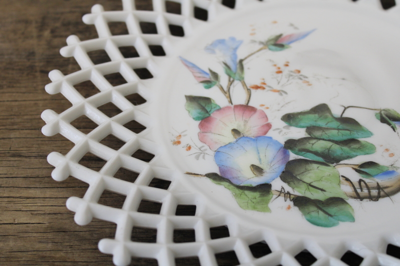 EAPG antique milk glass plate w/ open lace edge lattice, hand painted morning glories