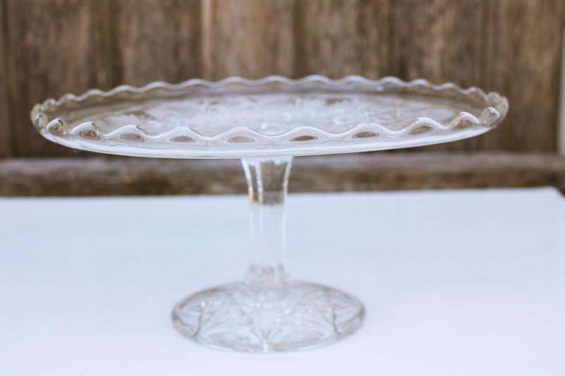 EAPG antique pressed glass cake stand, paneled diamond pattern glass pedestal plate