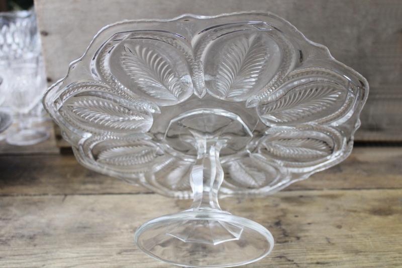 EAPG antique pressed glass cake stand, paneled palm pattern early 1900s vintage