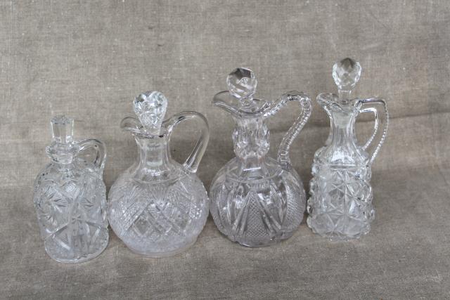 EAPG antique pressed glass cruets, collection of pitchers all different patterns