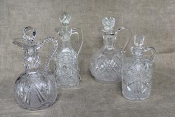 EAPG antique pressed glass cruets, collection of pitchers all different patterns
