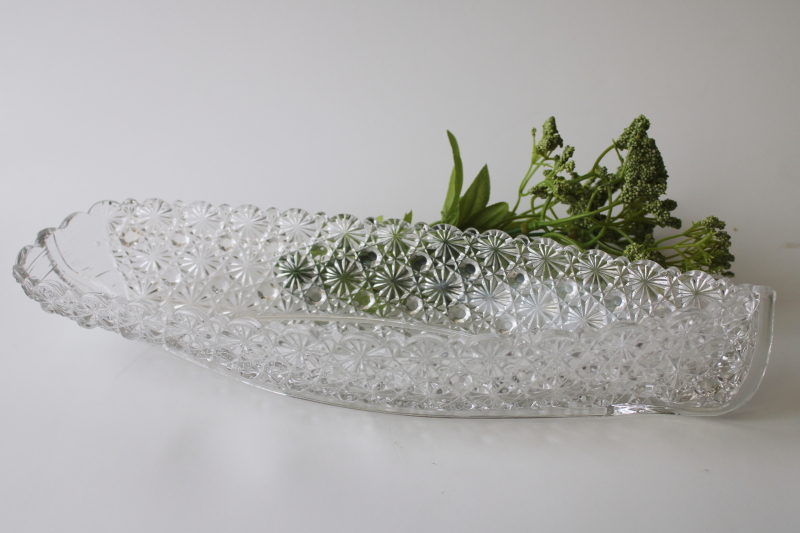 EAPG antique pressed glass daisy  button pattern yacht boat shape bowl centerpiece or celery tray