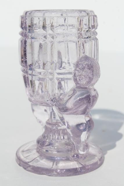 EAPG antique pressed glass match vase or toothpick holder, McKee peek-a-boo cherubs