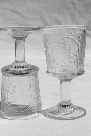 EAPG antique pressed glass wine glasses, Canadian pattern Home Sweet Home scenes