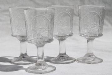 EAPG antique pressed glass wine glasses, Canadian pattern Home Sweet Home scenes