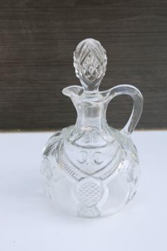 EAPG antique pressed pattern glass cruet w/ stopper, Bryce fleur de lis vintage 1890s 1900