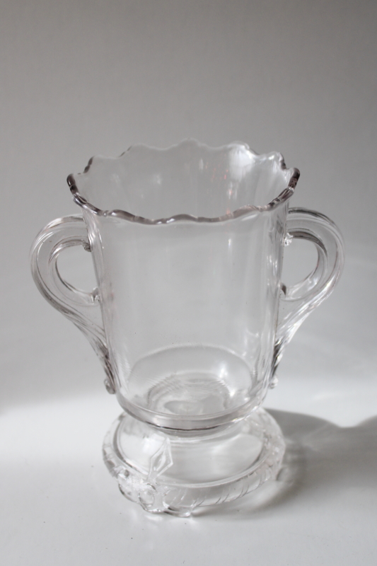 EAPG antique pressed pattern glass spooner or celery vase, three toed foot
