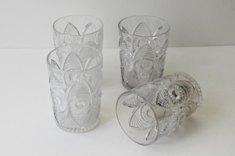 EAPG antique pressed pattern glass tumblers, bulls eye & fan vintage 1904