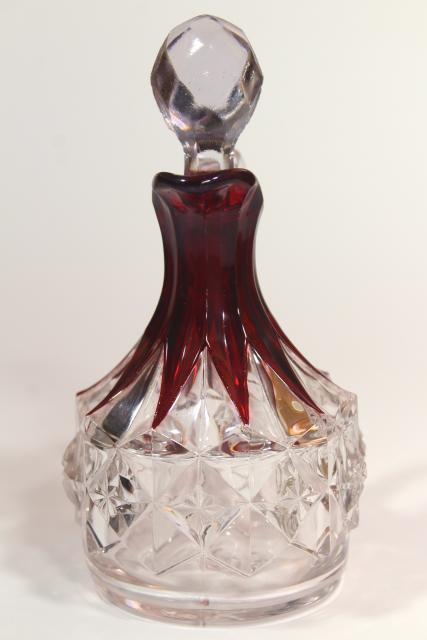 EAPG antique ruby stain glass cruet bottle, diamond pattern pressed glass w/ flashed color