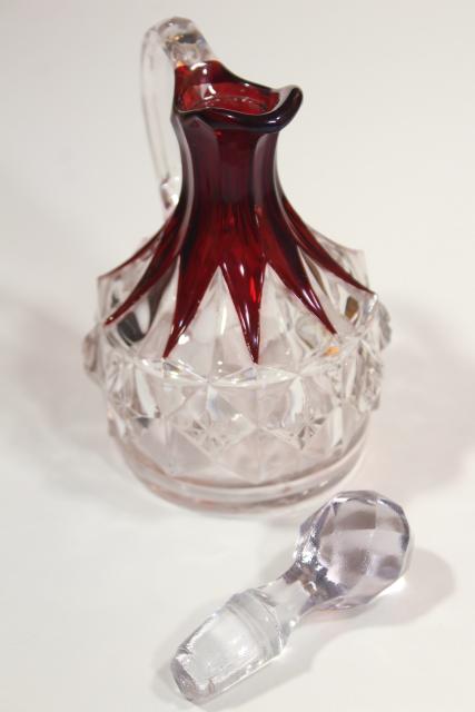 EAPG antique ruby stain glass cruet bottle, diamond pattern pressed glass w/ flashed color