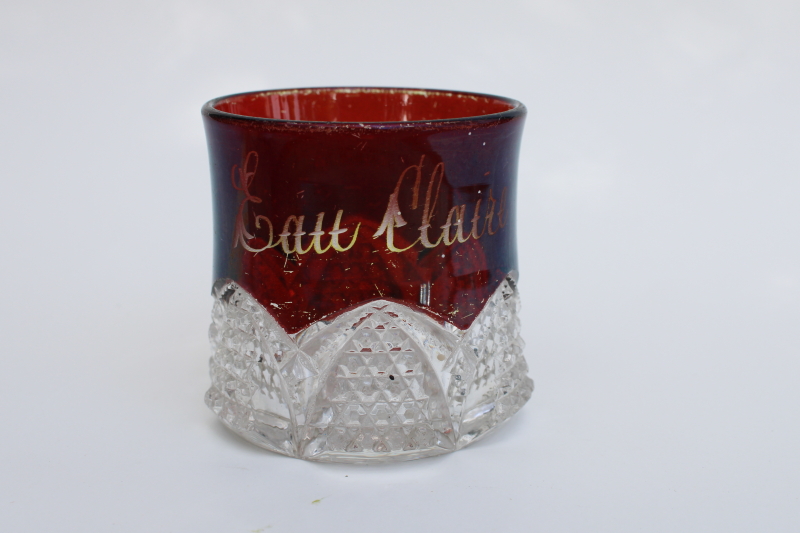 EAPG antique ruby stain pressed glass toothpick match holder Eau Claire souvenir