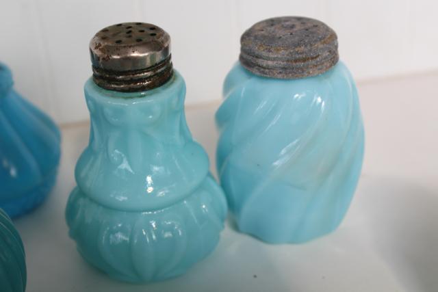 EAPG antique vintage pattern glass shakers, blue green milk glass delphite azurite