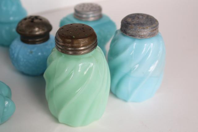 EAPG antique vintage pattern glass shakers, blue green milk glass delphite azurite