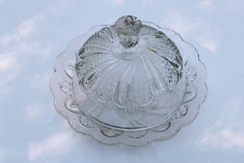 EAPG antique vintage pressed glass butter dish, round butter dish plate w/ dome cover