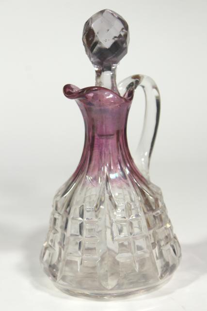 EAPG cranberry flash stain colored glass cruet, cut block or waffle pattern pressed glass