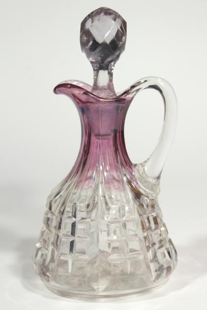 EAPG cranberry flash stain colored glass cruet, cut block or waffle pattern pressed glass