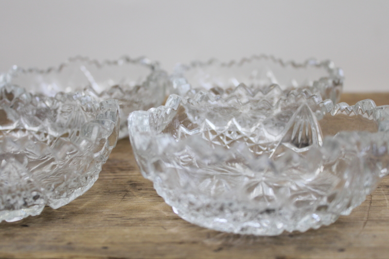 EAPG pressed glass berry bowls or dessert dishes, McKee sawtooth edge pattern