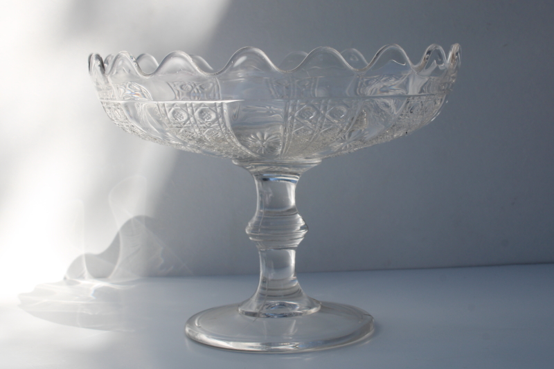 EAPG pressed glass compote, paneled cane w/ star flower, scalloped edge fruit bowl