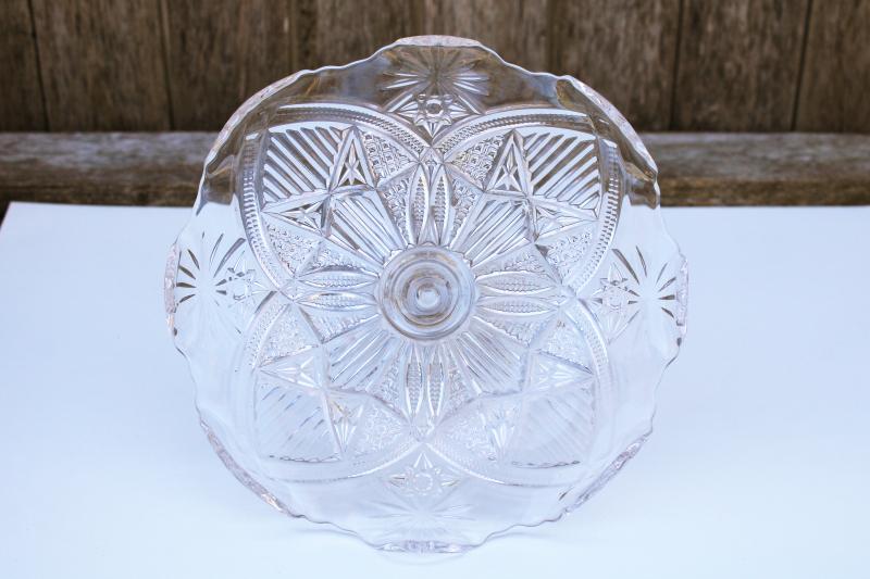 EAPG turn of the century vintage pressed glass cake stand, stars & bars pattern
