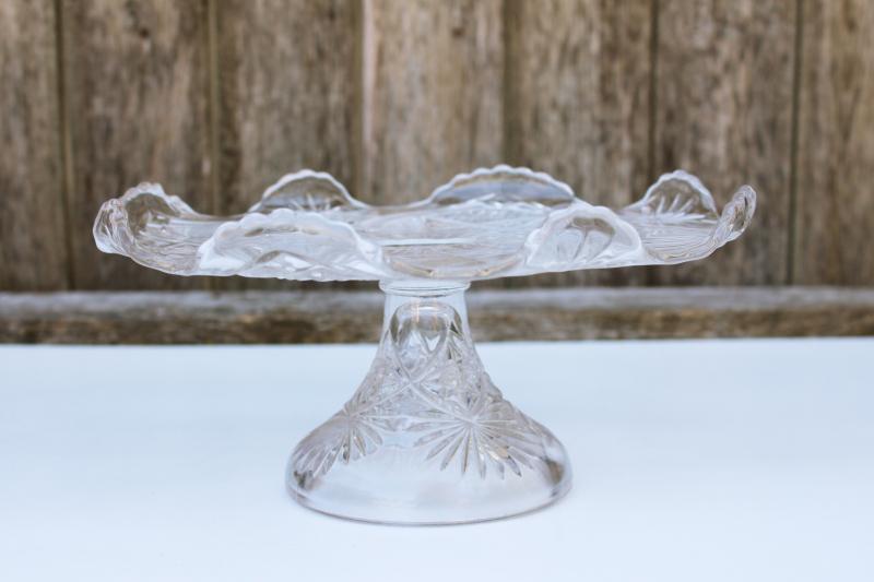 EAPG turn of the century vintage pressed glass cake stand, stars & bars pattern