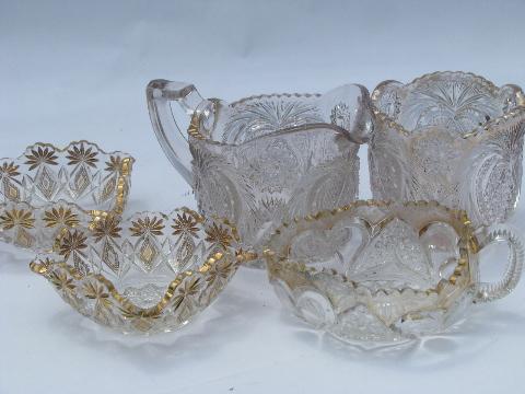 EAPG vintage heart & pineapple pattern glass, antique gold pitcher, bowls