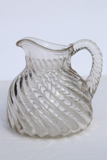 EAPG vintage pattern glass cruet bottles, heavy old glass pitchers, antique Fostoria jug
