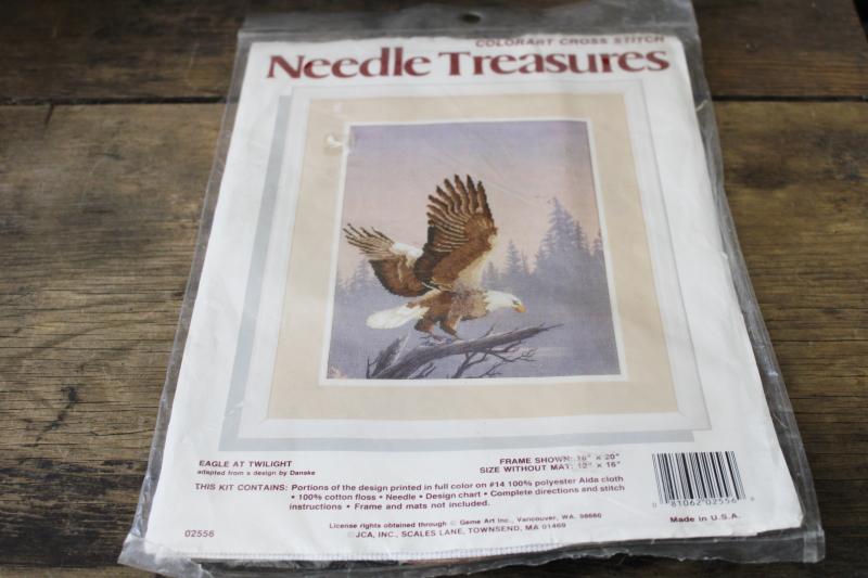Eagle at Twilight sealed cross stitch kit, color art painted fabric canvas & floss