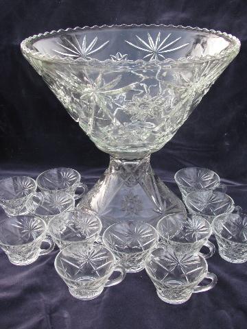 Early American Prescut pattern, vintage pressed glass punch bowl & cups set