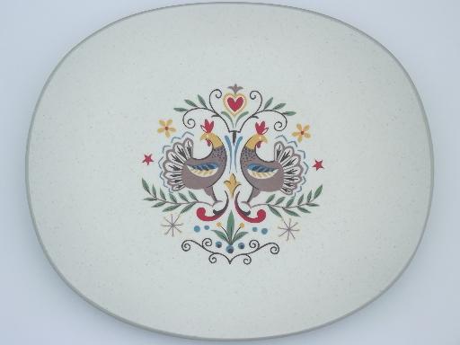 Early Morn folk art rooster vintage Harker stoneware serving platter