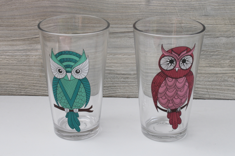 Earthbound Trading Company pint size drinking glasses, owls print in pink, aqua green