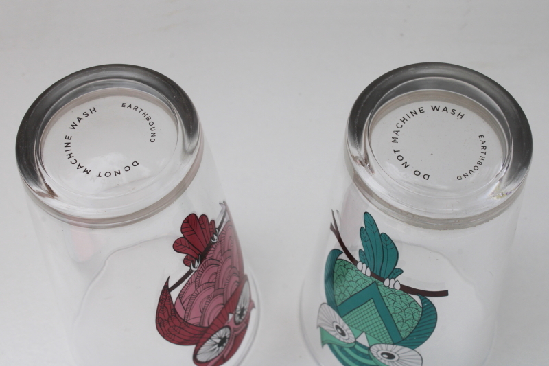 Earthbound Trading Company pint size drinking glasses, owls print in pink, aqua green
