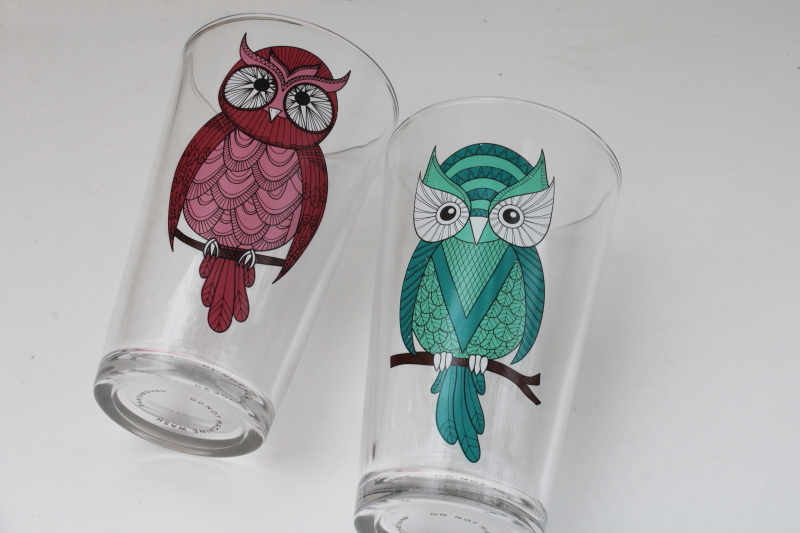 Earthbound Trading Company pint size drinking glasses, owls print in pink, aqua green