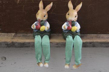 Easter bunny country bunnies shelf sitter twins, primitive folk art style resin figurines