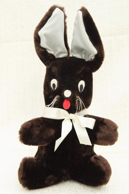 Easter bunny toy rabbits, 1960s vintage handmade stuffed animals, fuzzy fur felt trimmed toys