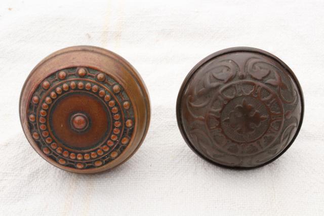 Eastlake antique brass door knobs, original patina art nouveau vintage hardware lot